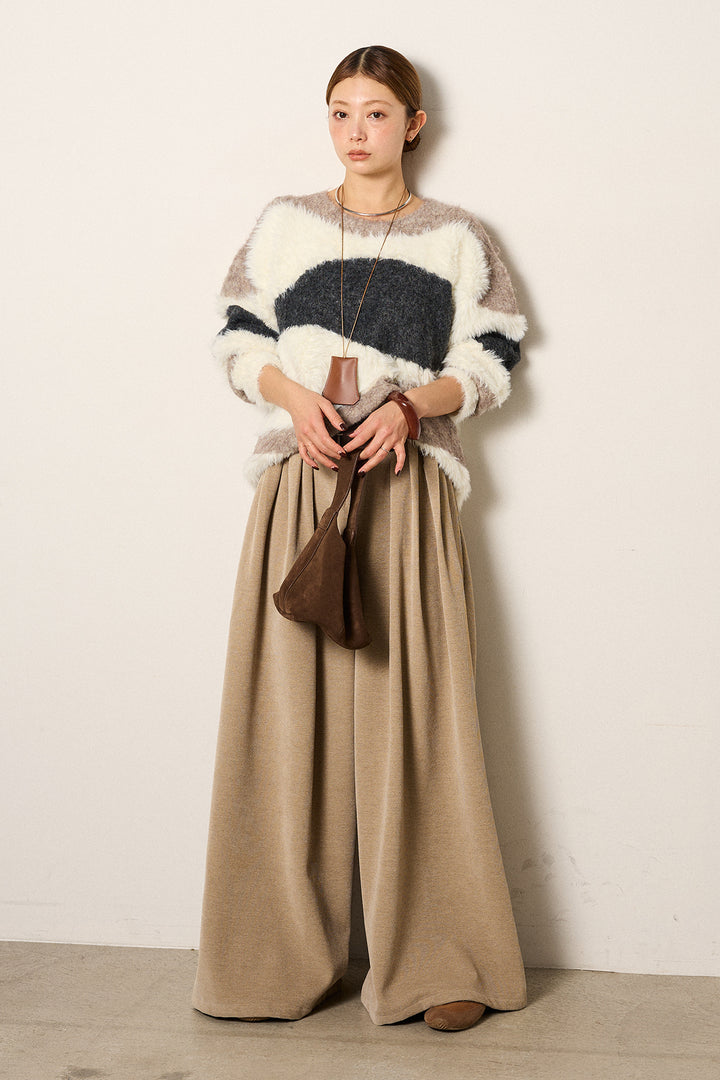 [SET]シャギーウェーブ柄クルーネックニットトップス+ベルトループコーデュロイワイドパンツ(2set)