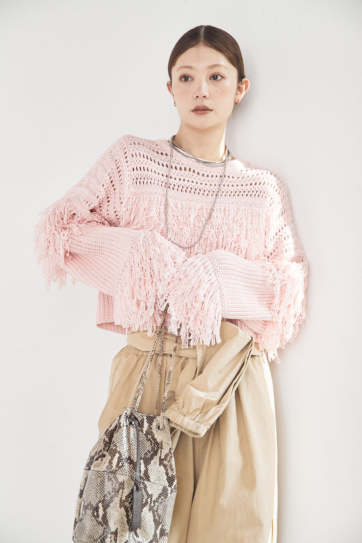 [SET]メッシュフリンジ切り替えプルオーバー+合繊ツイルスタンドウエスト巻きジョガーパンツ(2set)