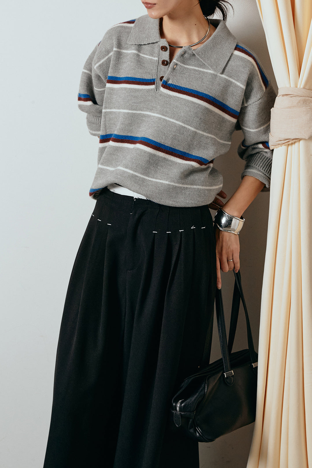 [SET]襟付きマルチボーダーニットポロトップス+ウエストステッチデザインワイドスラックス(2set)