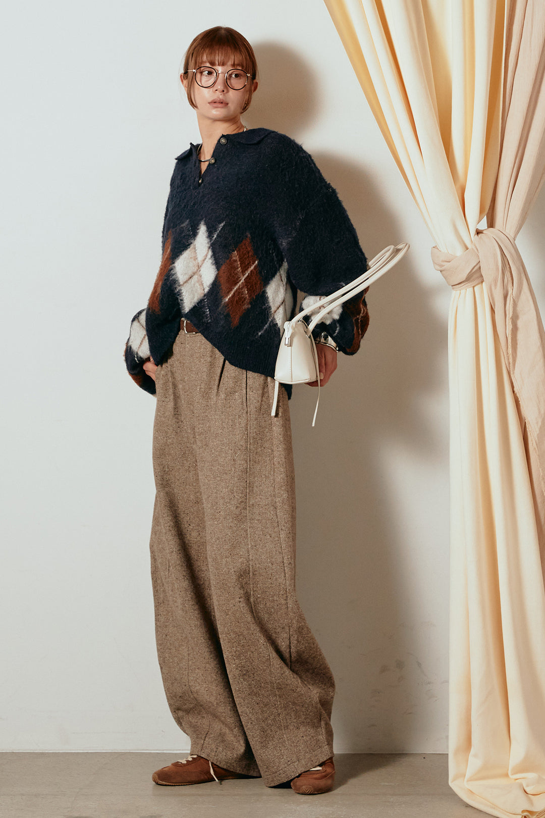 [SET]アーガイル柄ポロニットトップス+ベルト付きネップツイードカーブパンツ(2set)