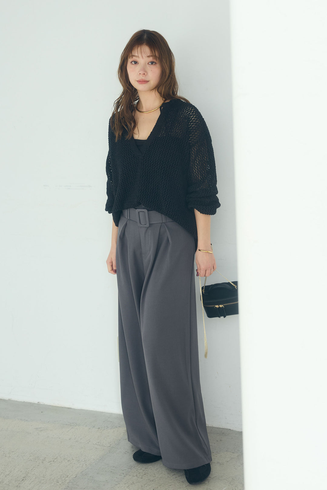 【即納】ミックスメッシュキーネックプルオーバー