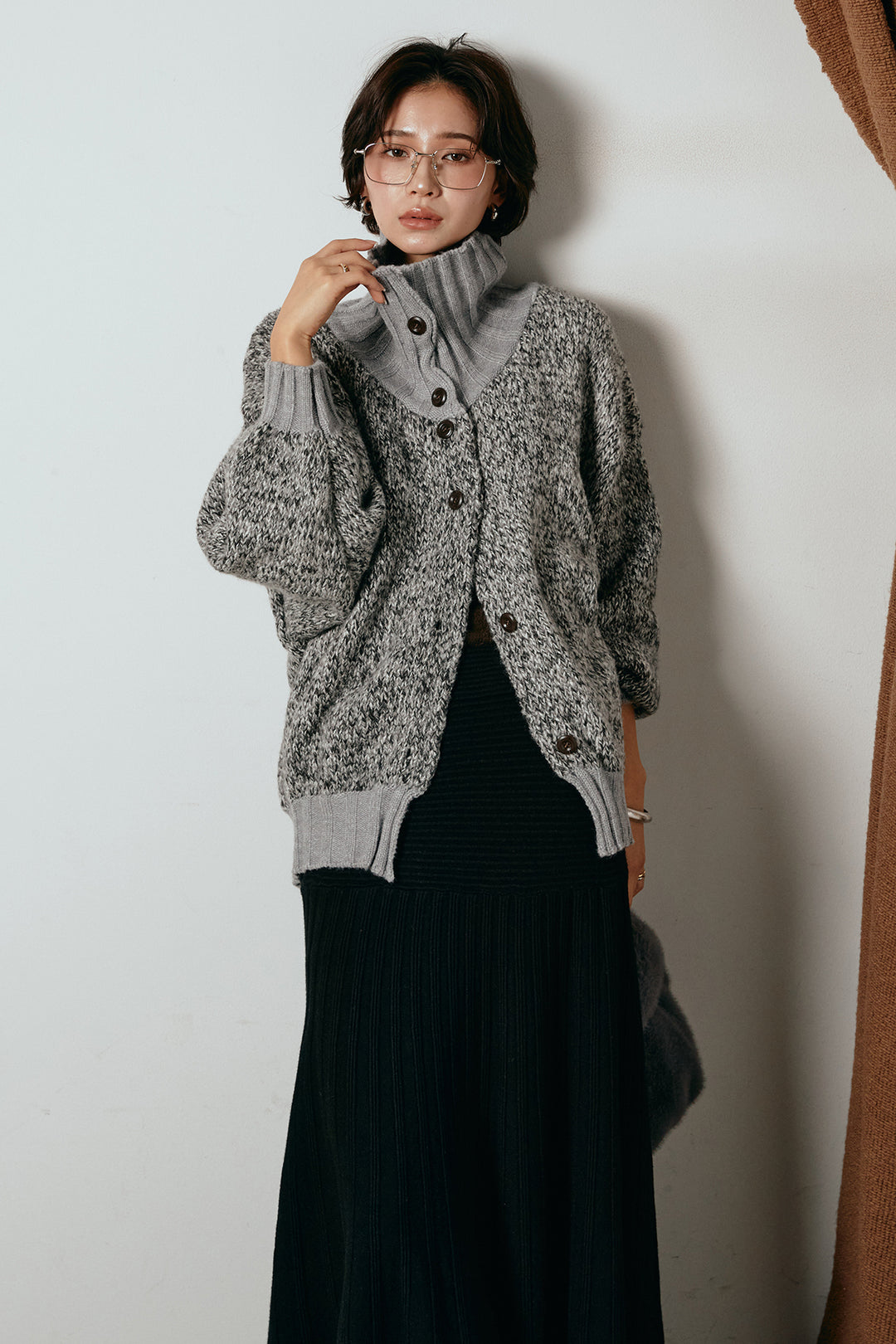 [SET]ハイネックミックスニットカーディガン+編み地切り替えフレアニットスカート(2set)