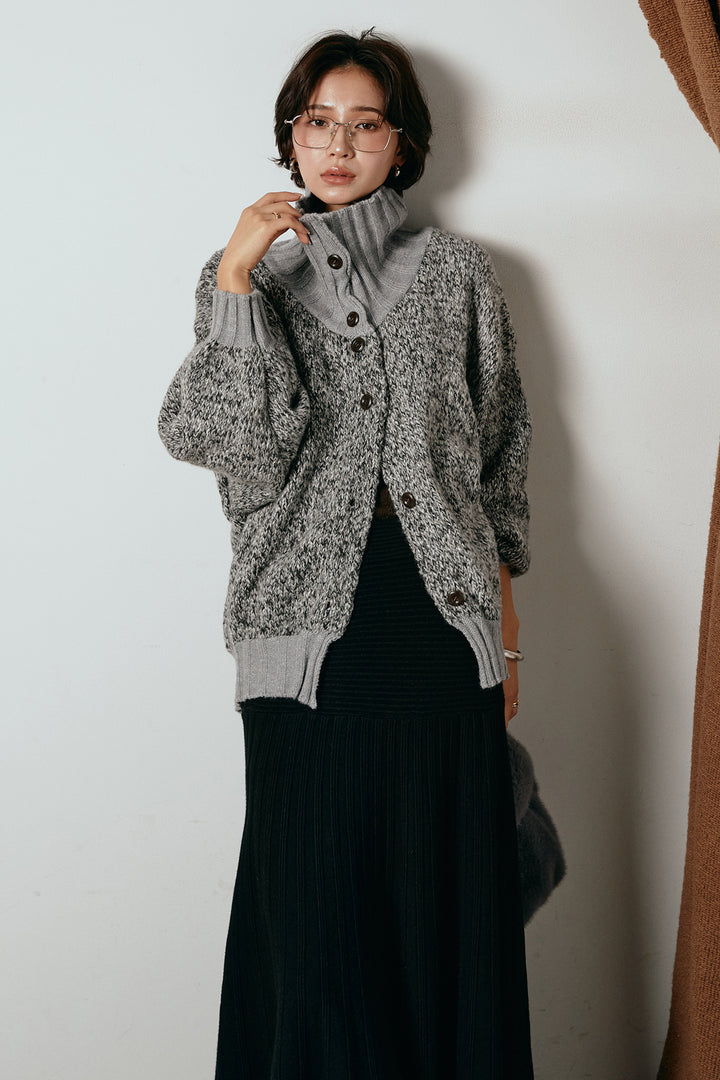 [SET]ハイネックミックスニットカーディガン+編み地切り替えフレアニットスカート(2set)