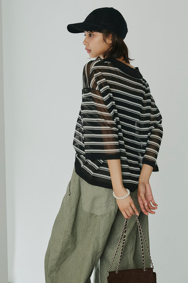 [SET]ボーダーニットポロシャツ+サイドベルトカーブワイドパンツ(2set)