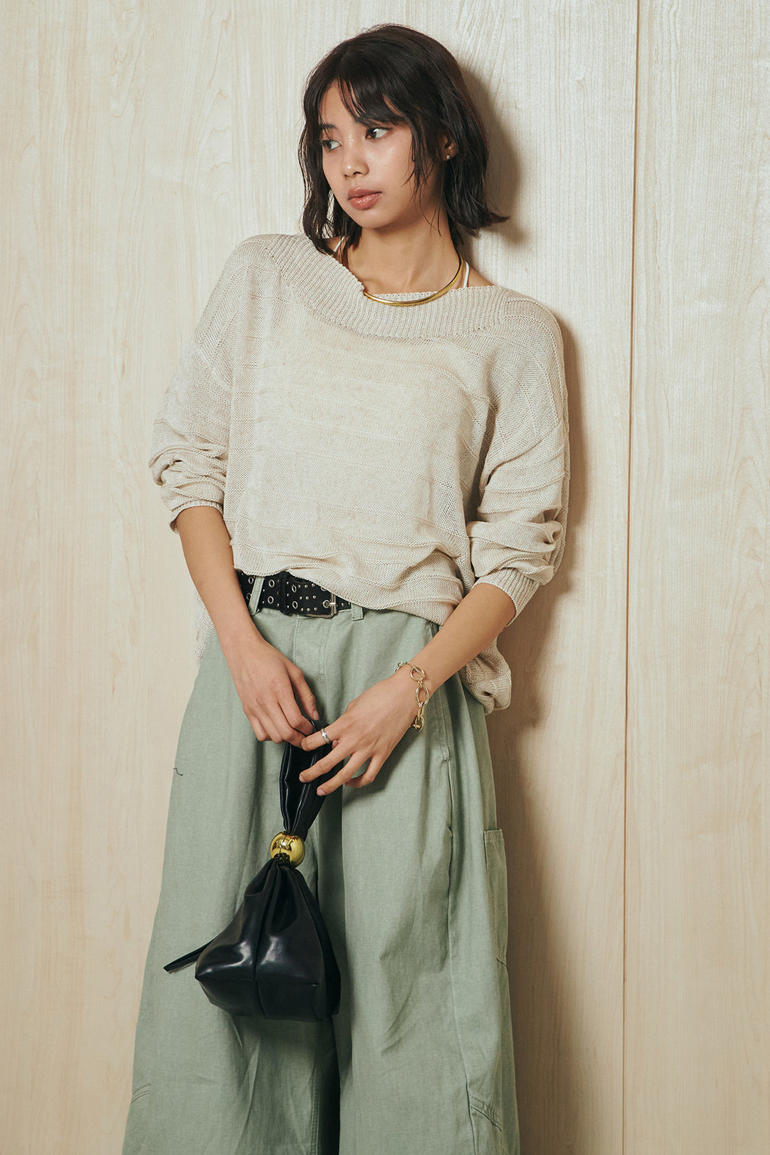 [SET]麻混リラックスニットトップス+ベルト付きカラーデニムパンツ(2set)