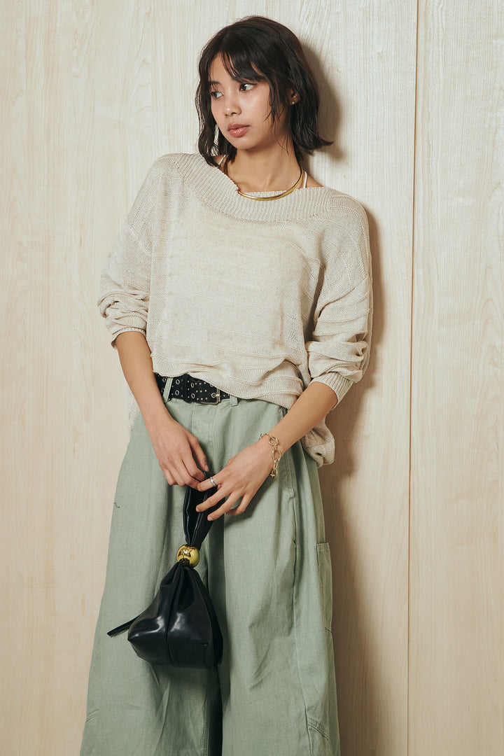 [SET]麻混リラックスニットトップス+ベルト付きカラーデニムパンツ(2set)