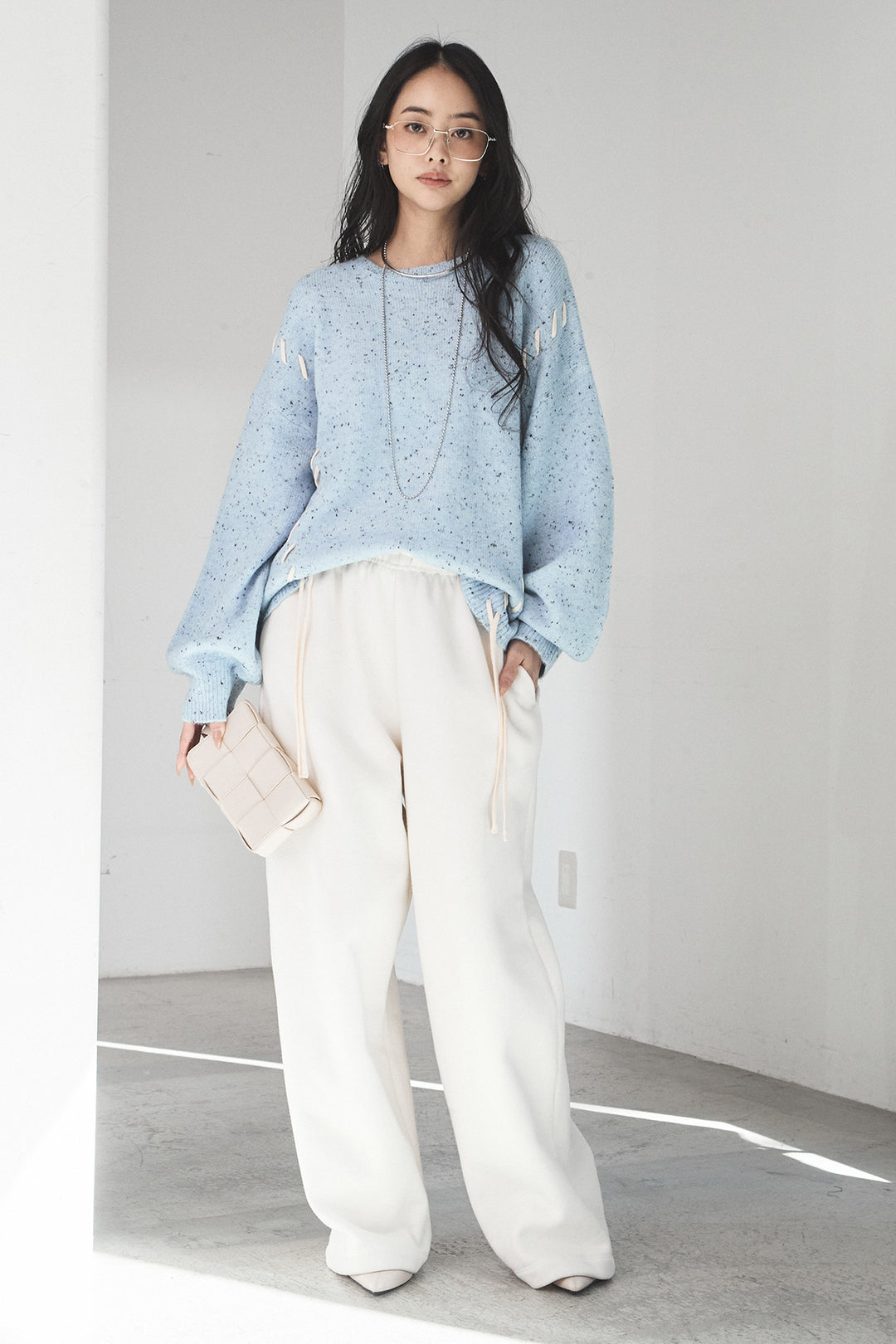 [SET]ネップ編み上げニットトップス+裏起毛スウェットワイドパンツ(2set)