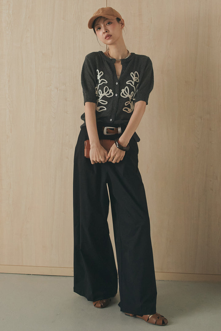 [SET]フロントテープデザイン半袖カーディガン+ベルトループデザインハイウエストタックパンツ(2set)