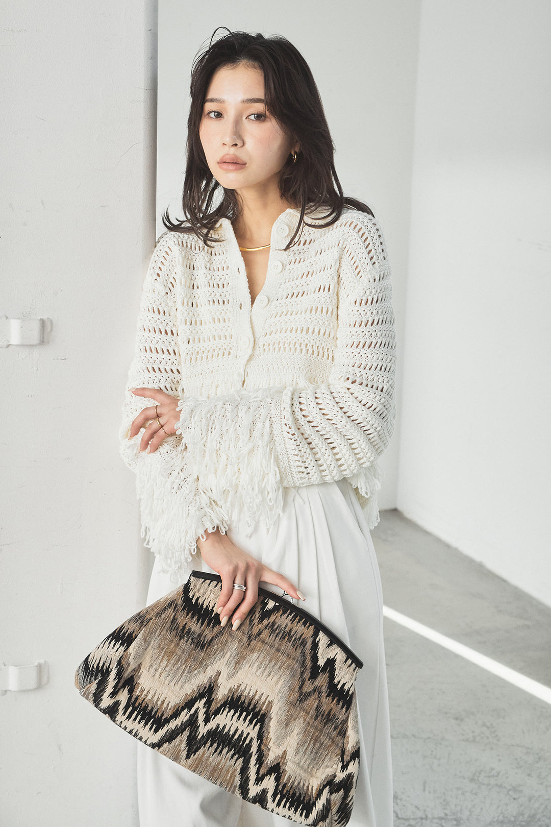 [SET]メッシュフリンジカーディガン+編みベルト付きウエストタックワイドパンツ(2set)