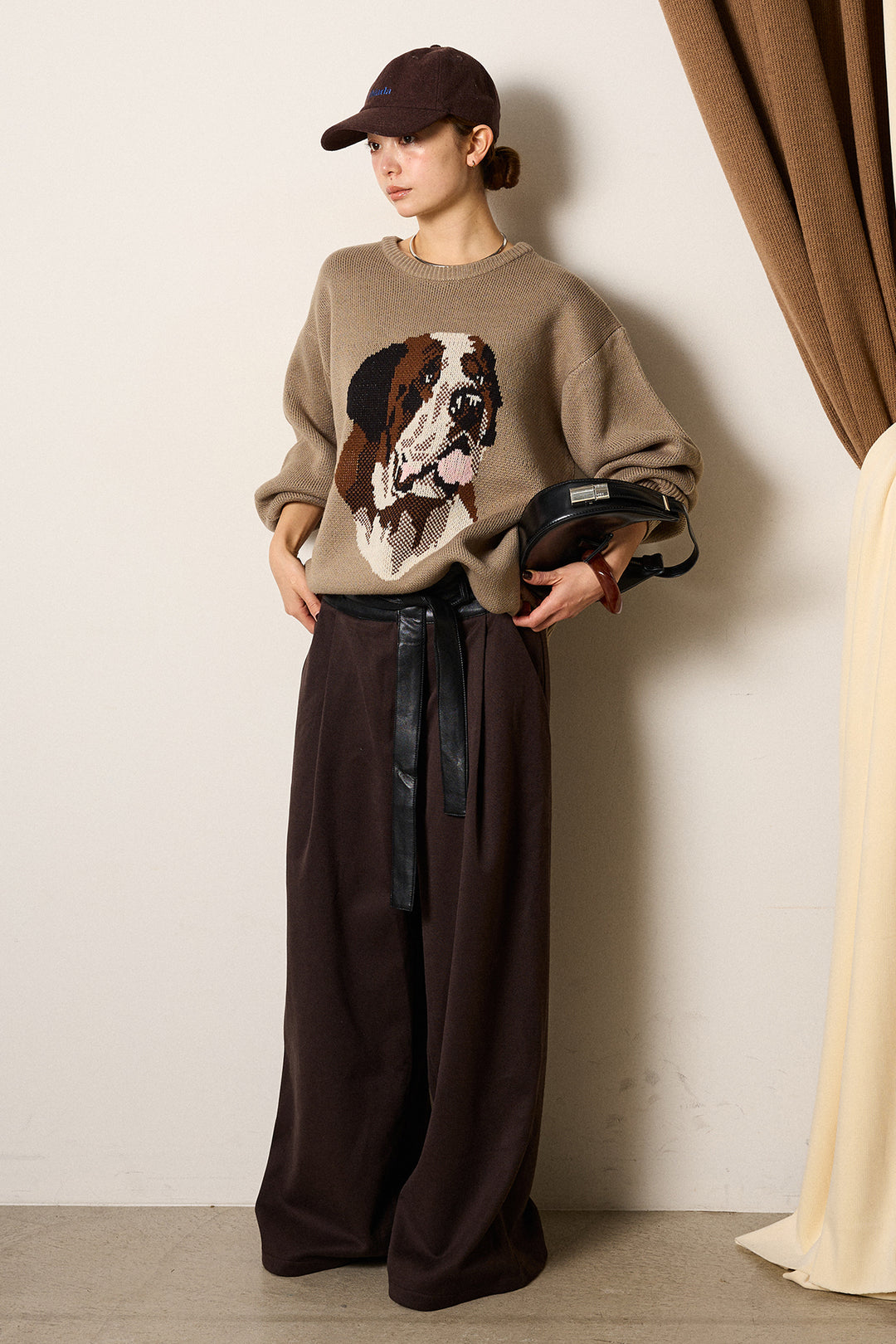 [SET]アニマルジャガード柄ニットトップス+巻ベルトウエストレザーライクワイドパンツ(2set)