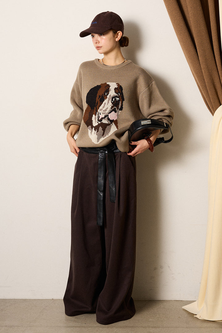 [SET]アニマルジャガード柄ニットトップス+巻ベルトウエストレザーライクワイドパンツ(2set)
