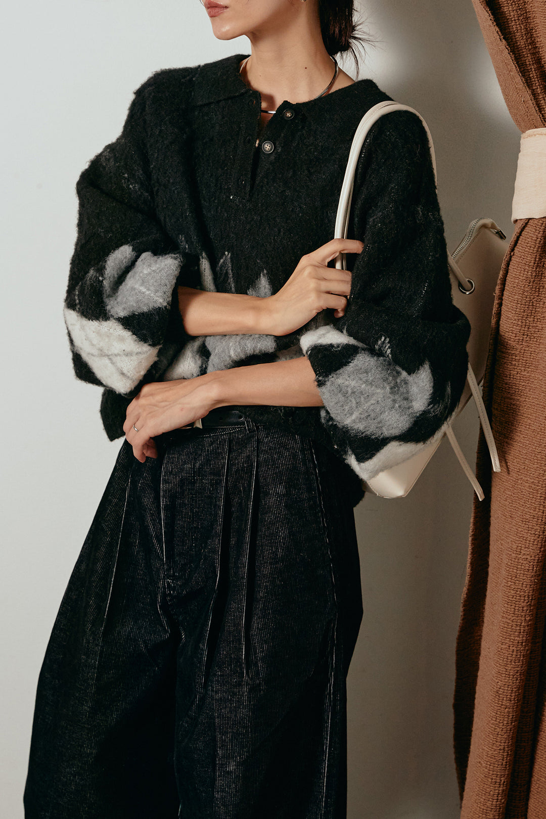 [SET]アーガイル柄ポロニットトップス+フロントタック入りコーデュロイパンツ(2set)