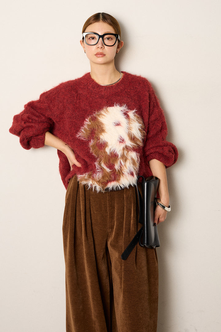 [SET]シャギーニュアンスアニマルニット+ベルトループコーデュロイワイドパンツ(2set)