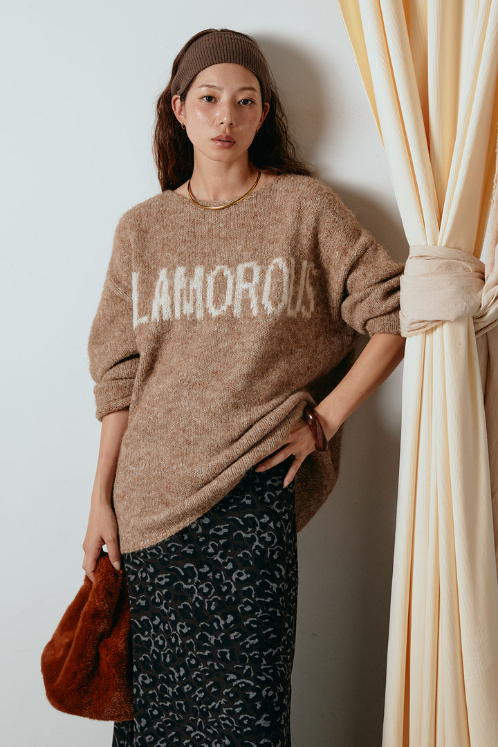 [SET]フロントロゴデザインニットトップス+レオパードロングスカート(2set)