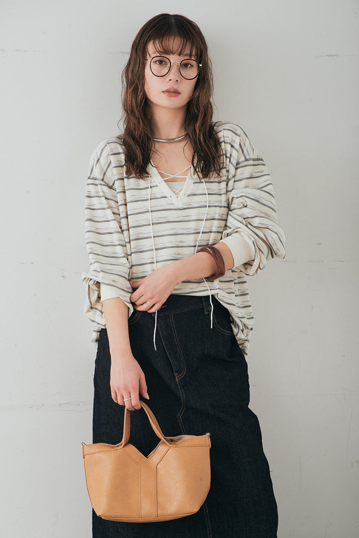 [SET]レースアップワッフルボーダートップス+ウエストクロスデニムタイトスカート(2set)