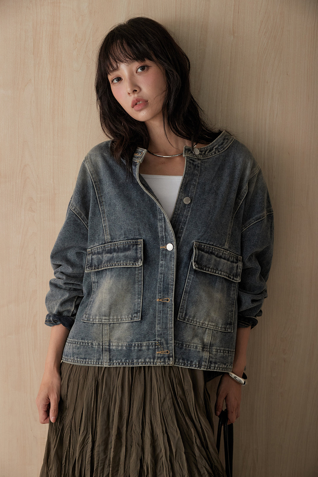 [SET]ノーカラーヴィンテージライクデニムブルゾン+ワッシャーボリュームスカート(2set)