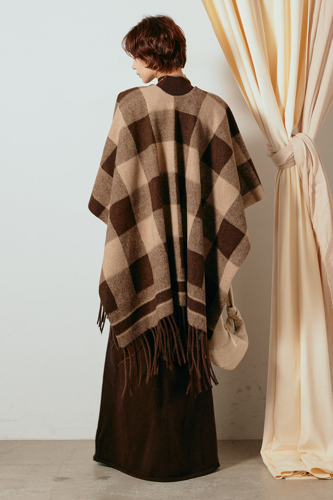 [SET]裾フリンジ柄ポンチョアウター+ノースリーブニットロングワンピース(2set)