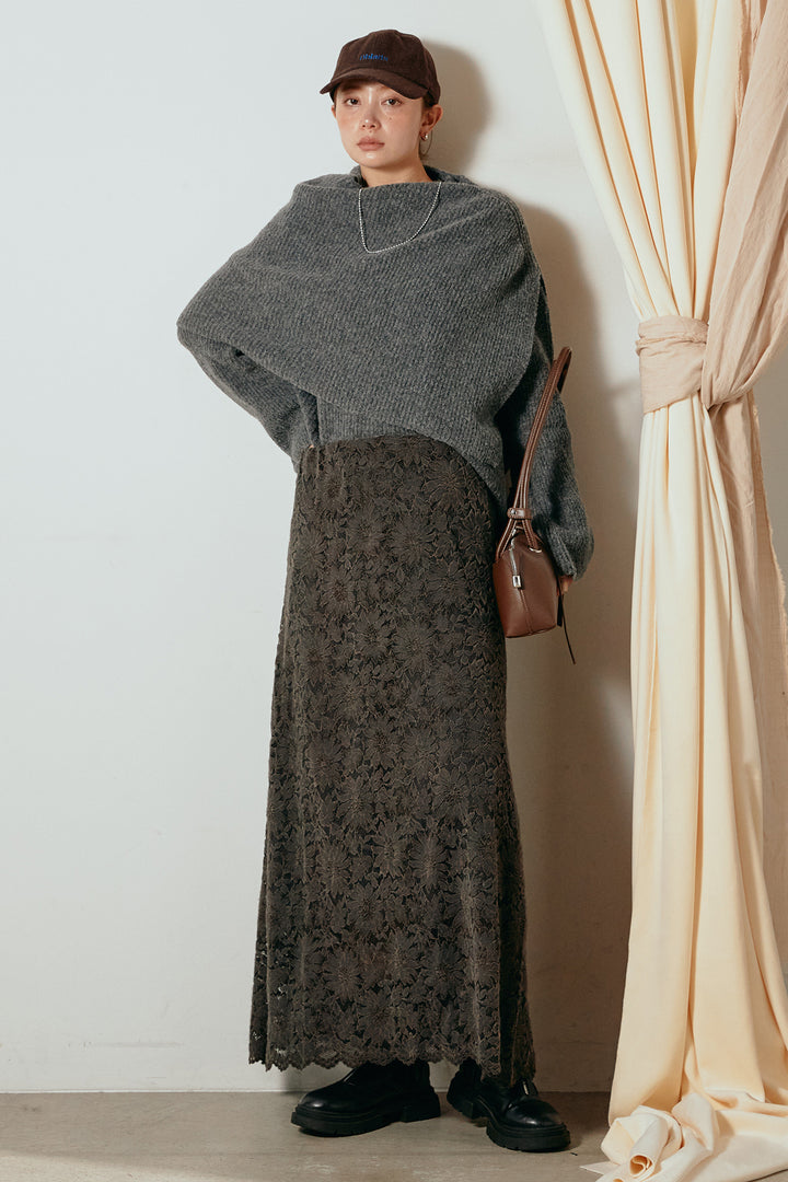 [SET]ケープデザインリブニットトップス+花柄刺繍ベロアフレアスカート(2set)