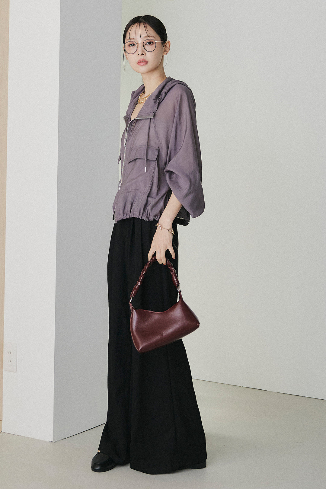 [SET]裾ドロストシアーWジップフーディーブルゾン+ウエスト折り返しワイドパンツ(2set)