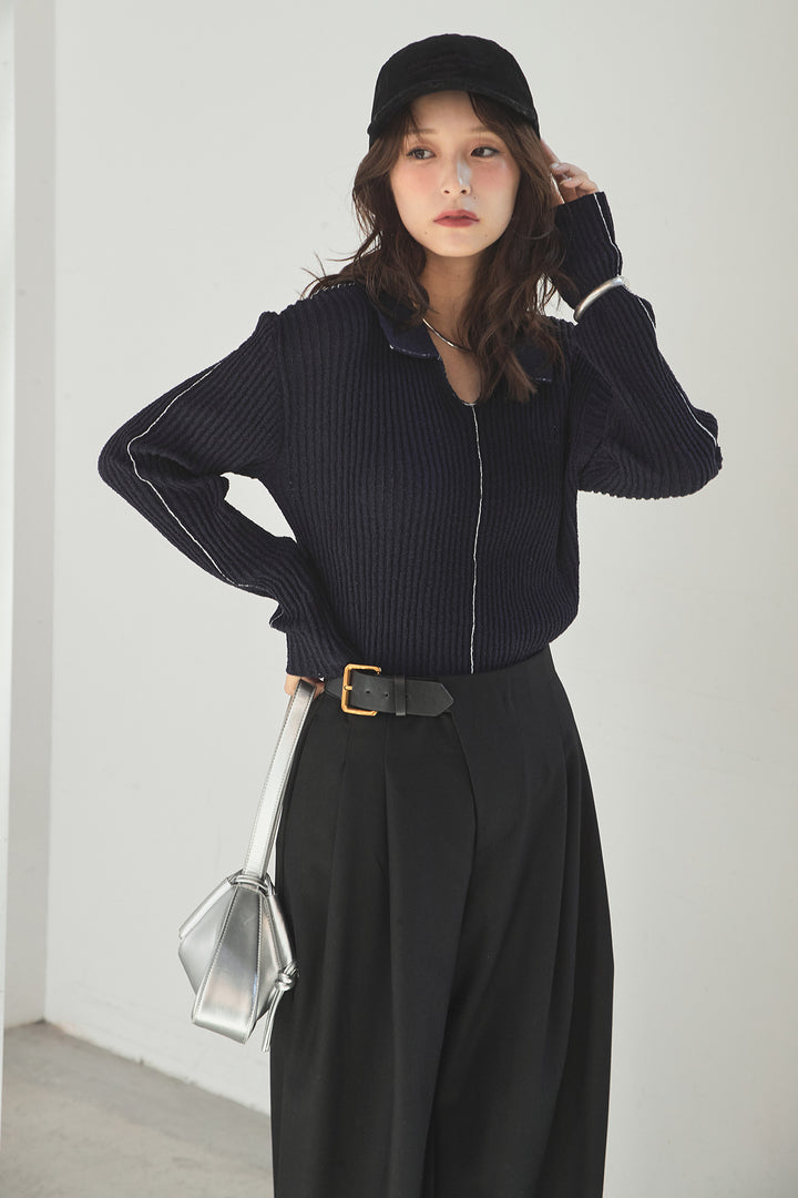 [SET]衿付きニットプルオーバー+サイドベルトタック入りスラックス(2set)