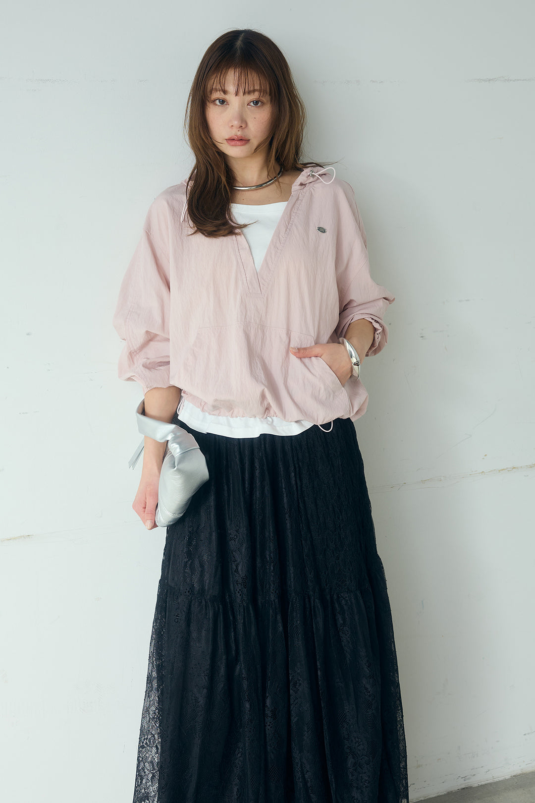 [SET]レイヤードデザインフーディートップス+ひげレース切替ロング丈スカート(2set)