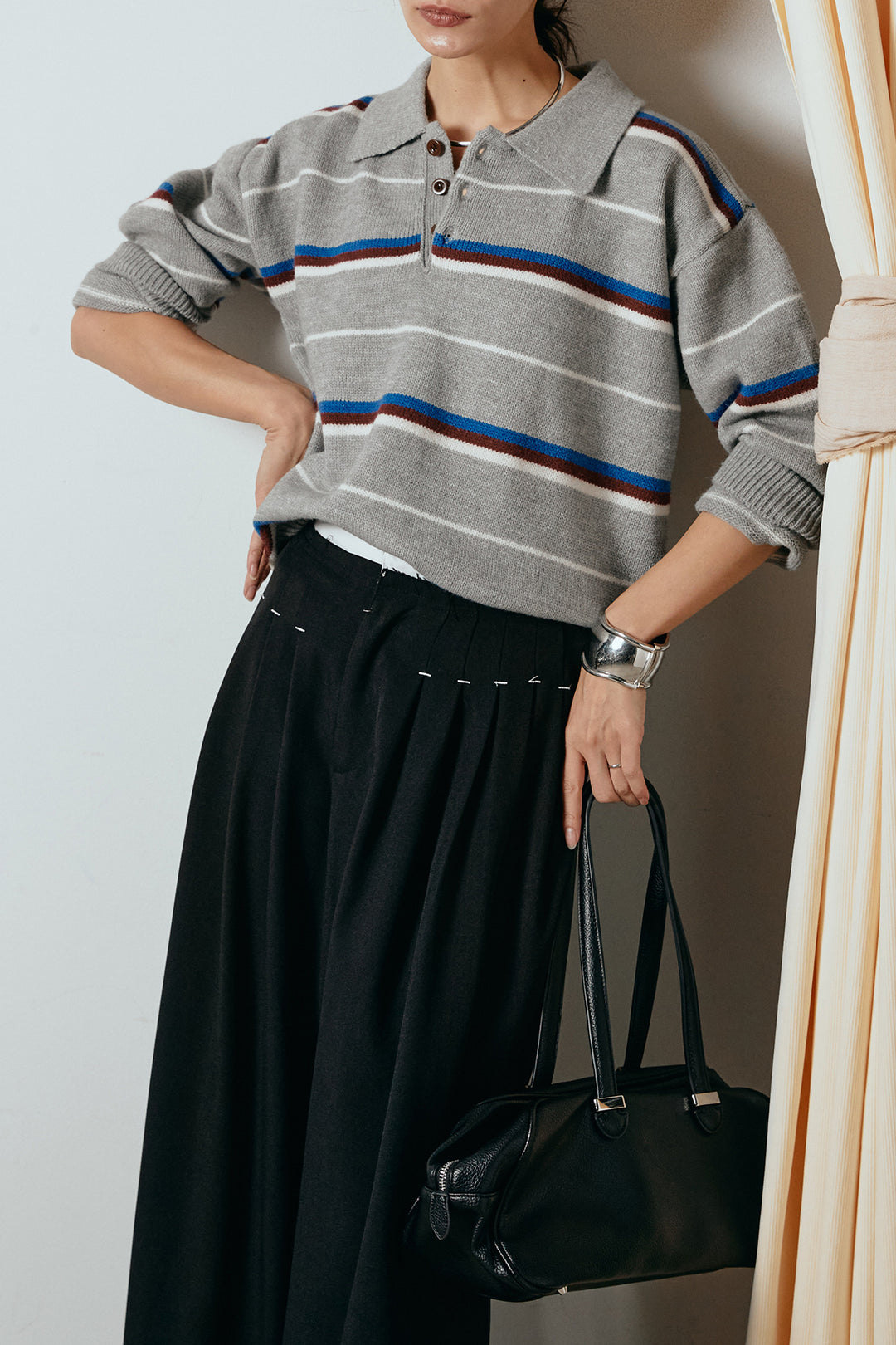 [SET]襟付きマルチボーダーニットポロトップス+ウエストステッチデザインワイドスラックス(2set)