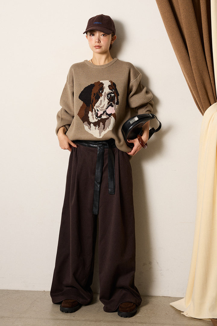 [SET]アニマルジャガード柄ニットトップス+巻ベルトウエストレザーライクワイドパンツ(2set)