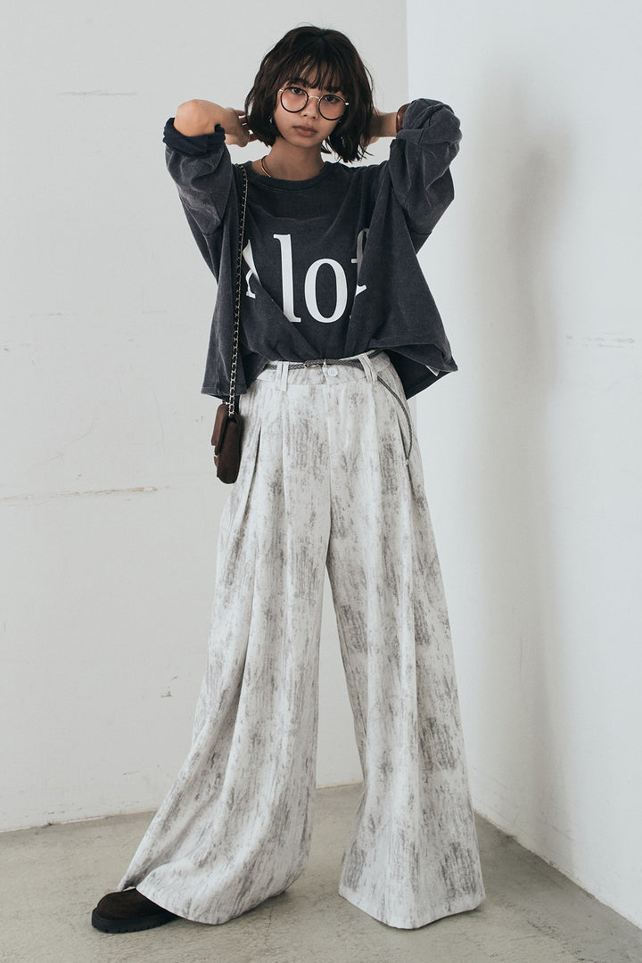 [SET]裾センタードロストロゴプリントワイドTシャツ+紐ベルト付きかすれ柄ワイドスラックス(2set)