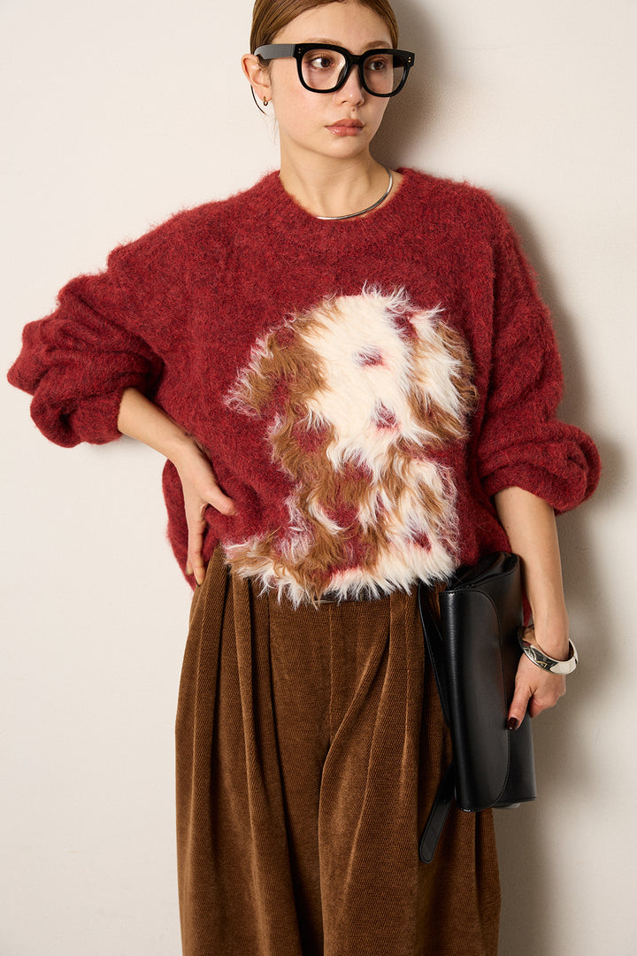 [SET]シャギーニュアンスアニマルニット+ベルトループコーデュロイワイドパンツ(2set)