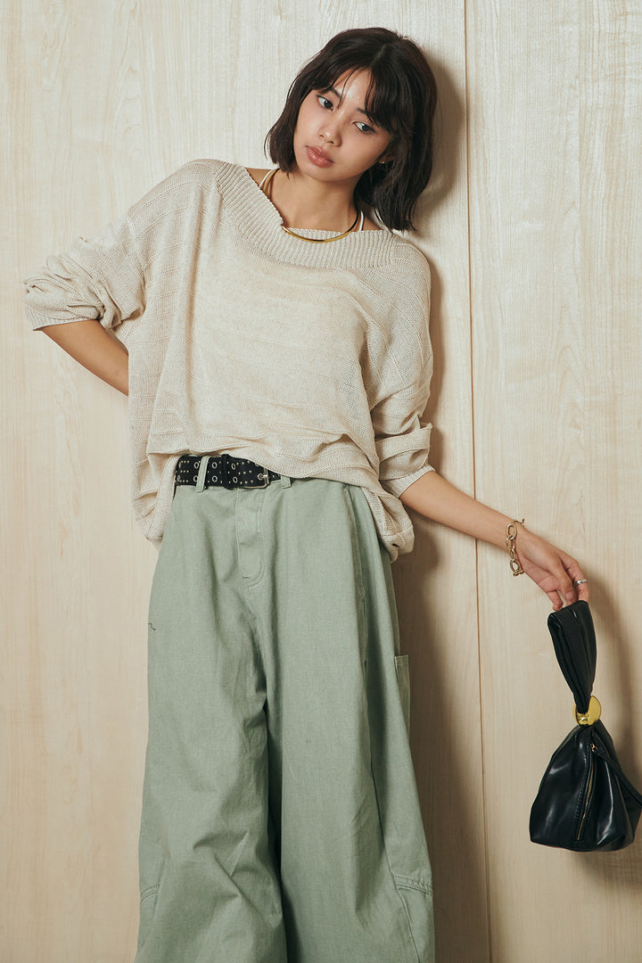 [SET]麻混リラックスニットトップス+ベルト付きカラーデニムパンツ(2set)