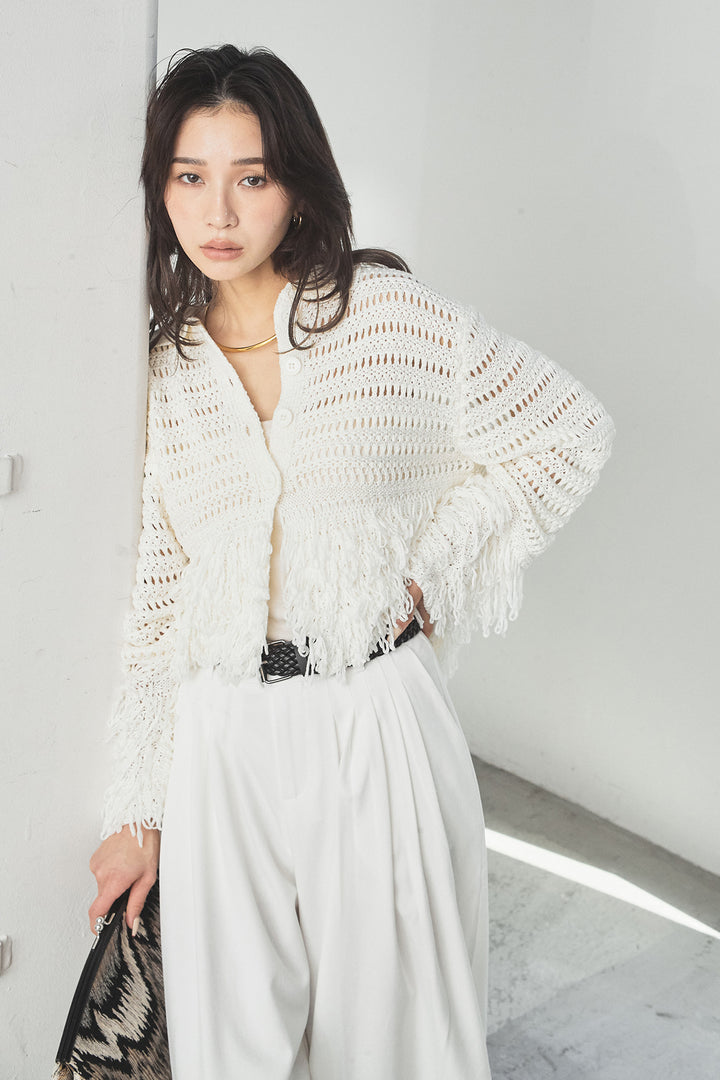 [SET]メッシュフリンジカーディガン+編みベルト付きウエストタックワイドパンツ(2set)