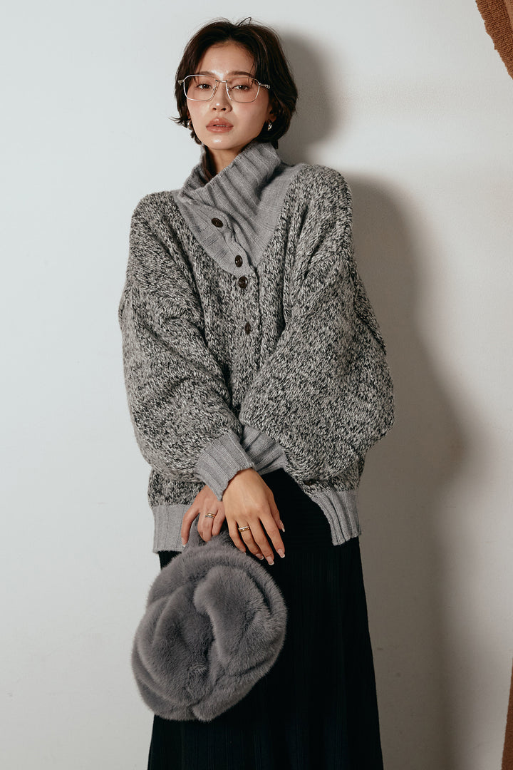 [SET]ハイネックミックスニットカーディガン+編み地切り替えフレアニットスカート(2set)