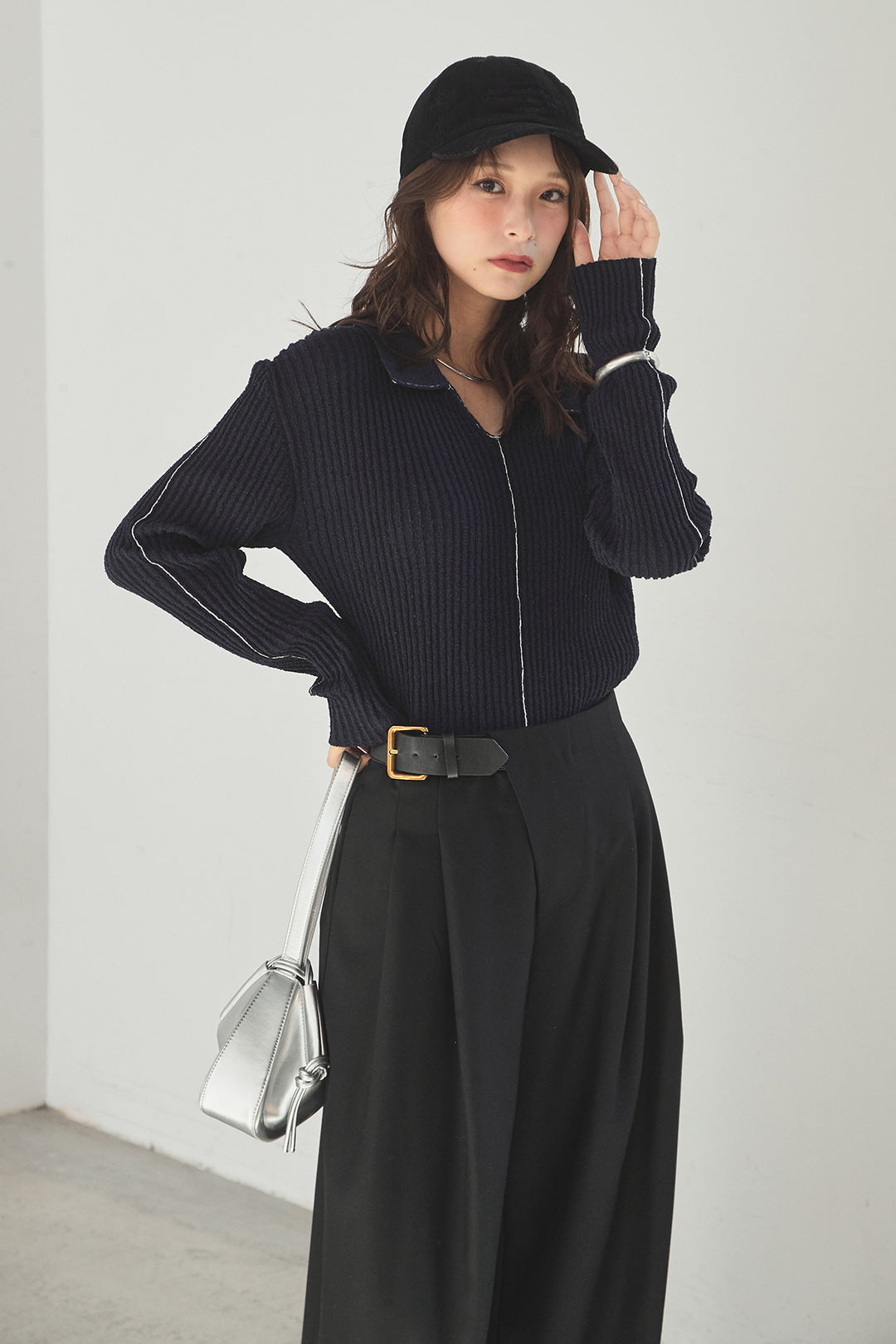 [SET]衿付きニットプルオーバー+サイドベルトタック入りスラックス(2set)