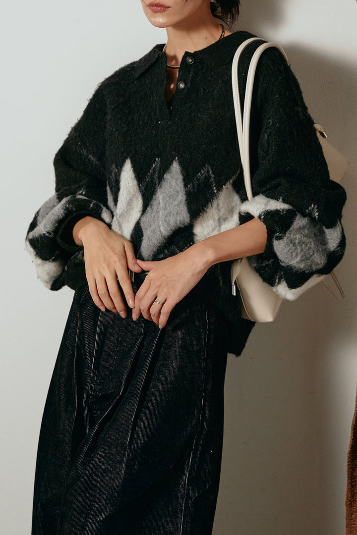 [SET]アーガイル柄ポロニットトップス+フロントタック入りコーデュロイパンツ(2set)