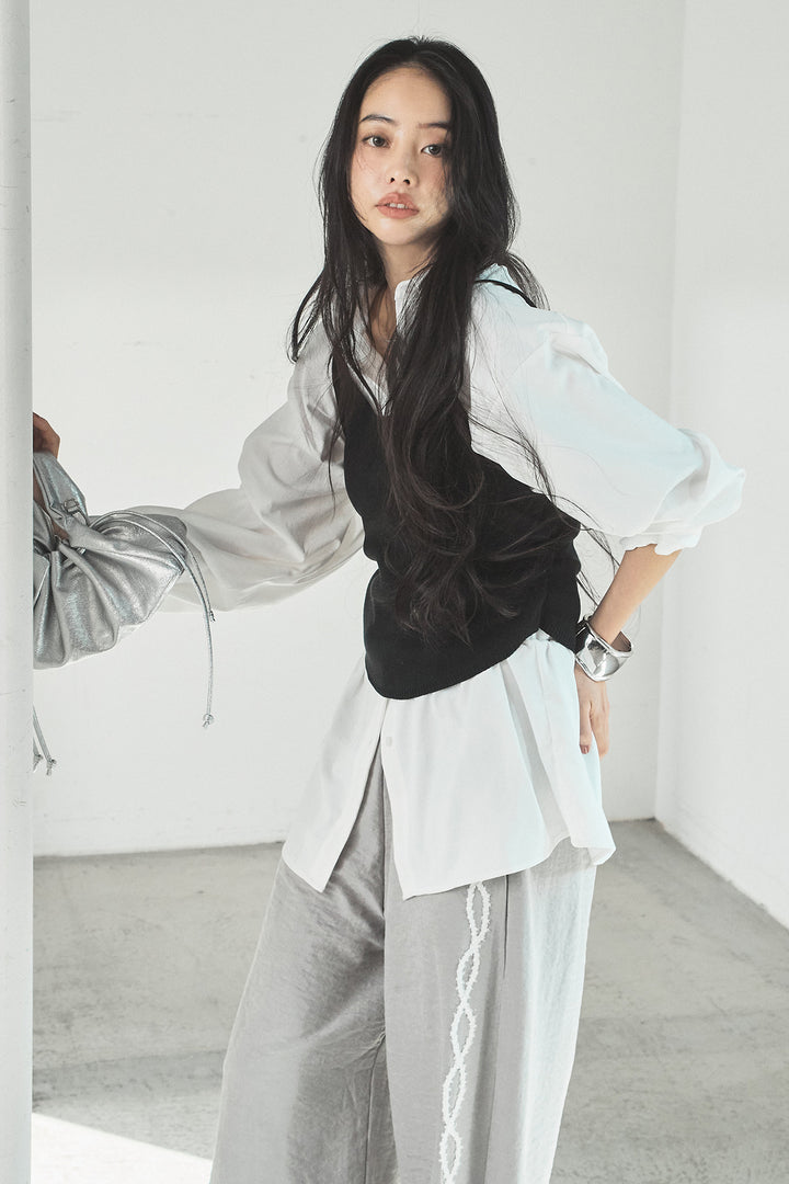 [SET]ニットキャミ付きシャツ+刺繡テープラインパンツ(2set)