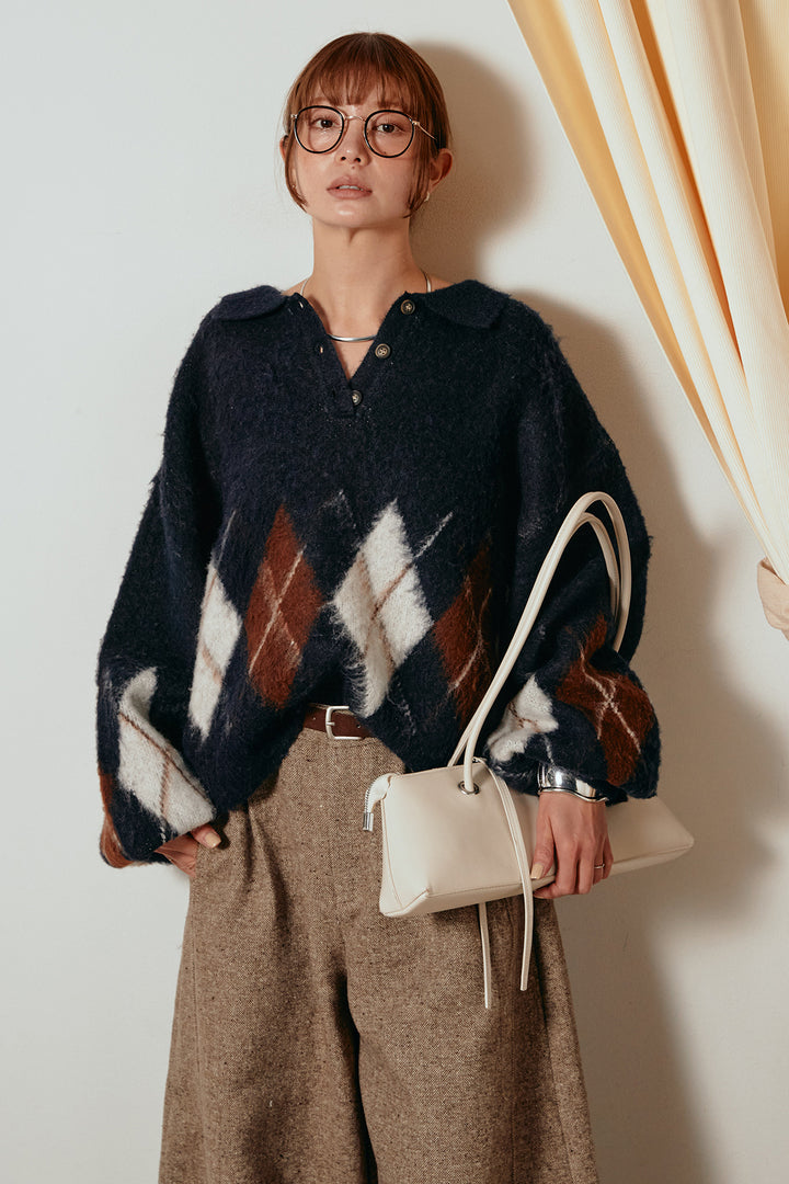 [SET]アーガイル柄ポロニットトップス+ベルト付きネップツイードカーブパンツ(2set)