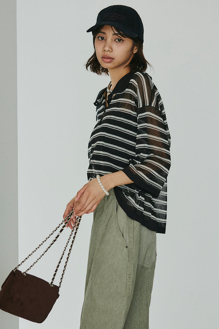 [SET]ボーダーニットポロシャツ+サイドベルトカーブワイドパンツ(2set)