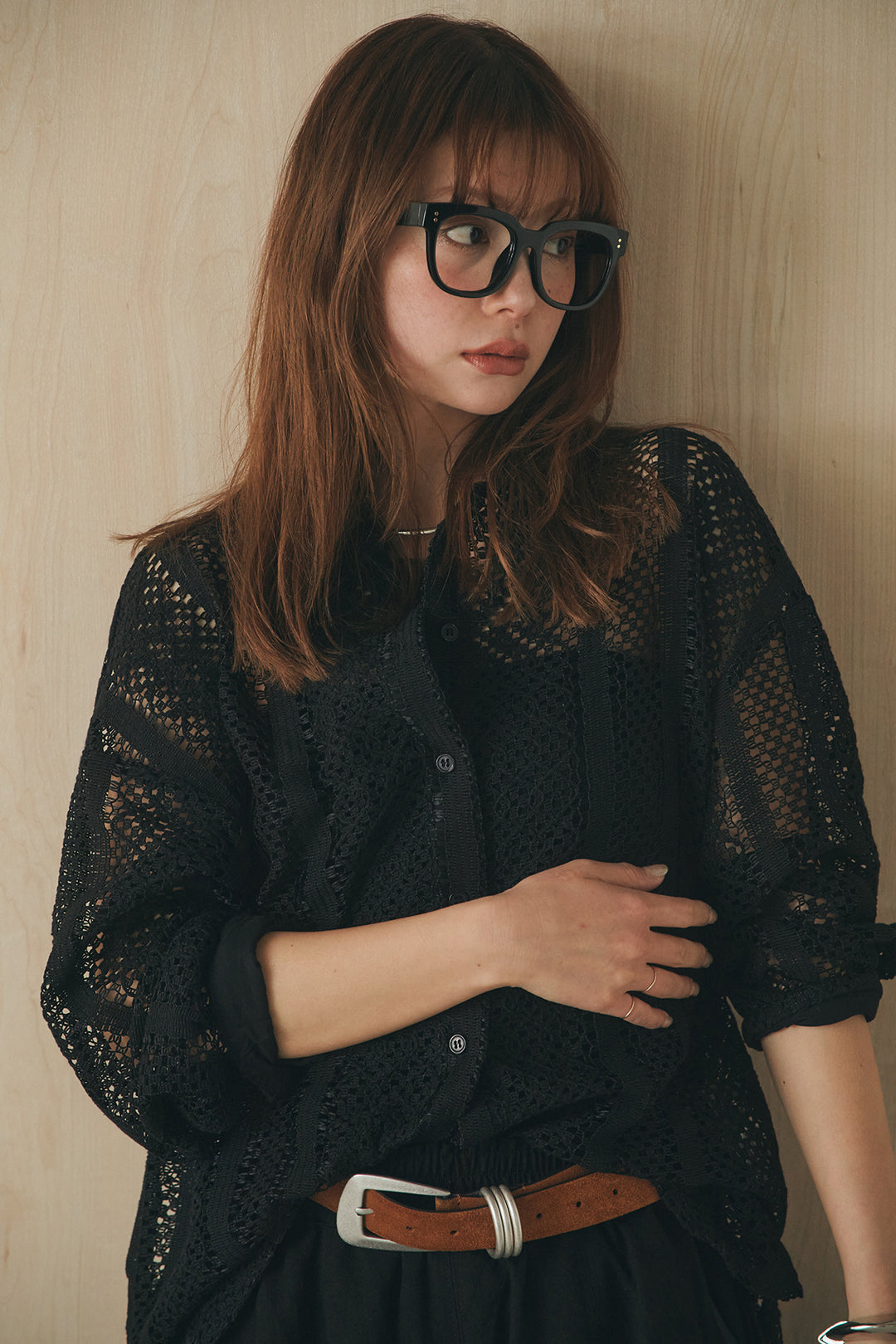 [SET]長袖襟付きレースシャツ+ポケットタックフォルムパンツ(2set)