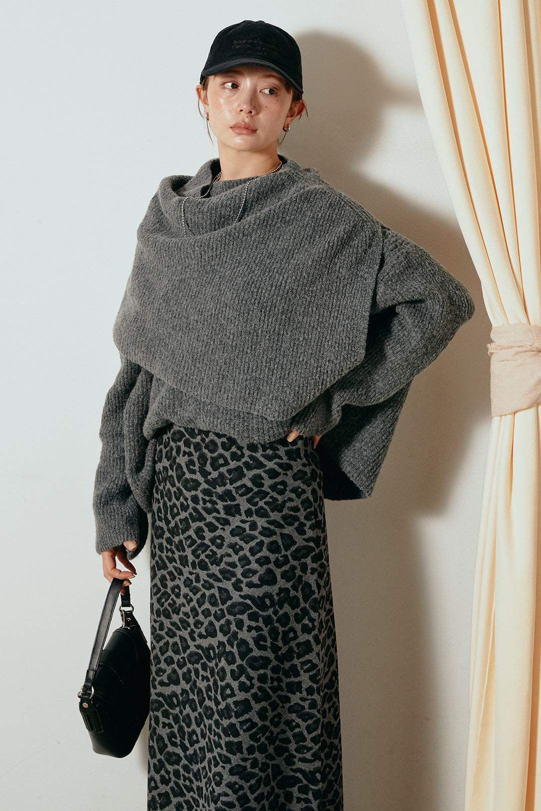 [SET]ケープデザインリブニットトップス+レオパードロングスカート(2set)