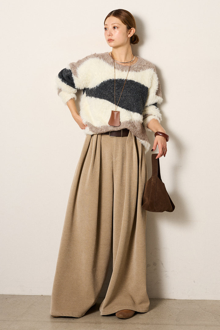 [SET]シャギーウェーブ柄クルーネックニットトップス+ベルトループコーデュロイワイドパンツ(2set)