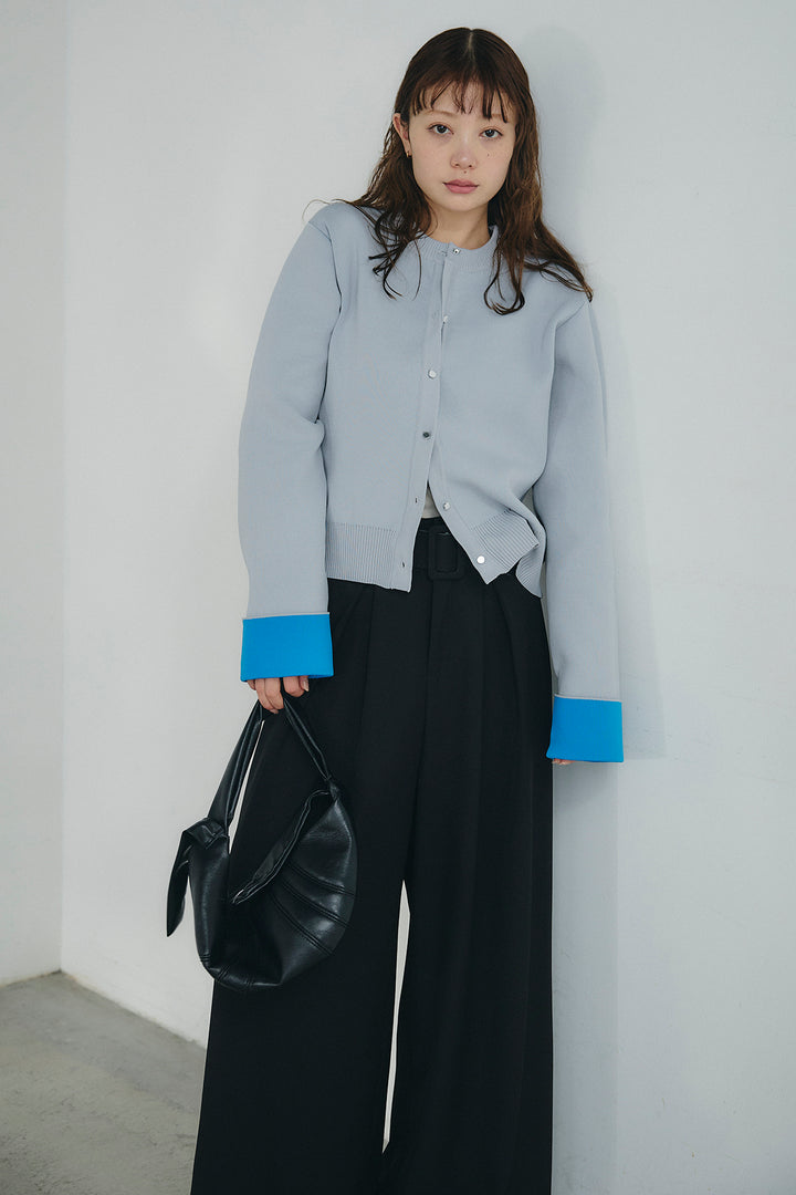 [SET]リバーシブル配色ニットカーディガン+ベルト付きツータックワイドパンツ(2set)