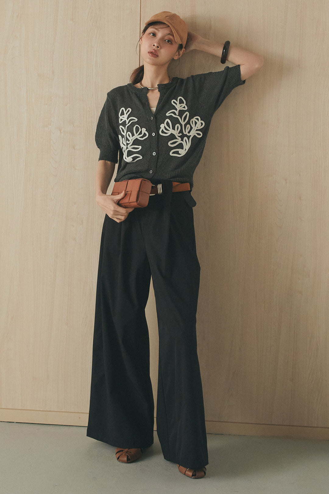 [SET]フロントテープデザイン半袖カーディガン+ベルトループデザインハイウエストタックパンツ(2set)