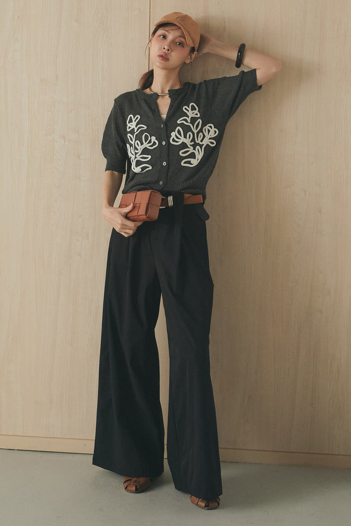 [SET]フロントテープデザイン半袖カーディガン+ベルトループデザインハイウエストタックパンツ(2set)