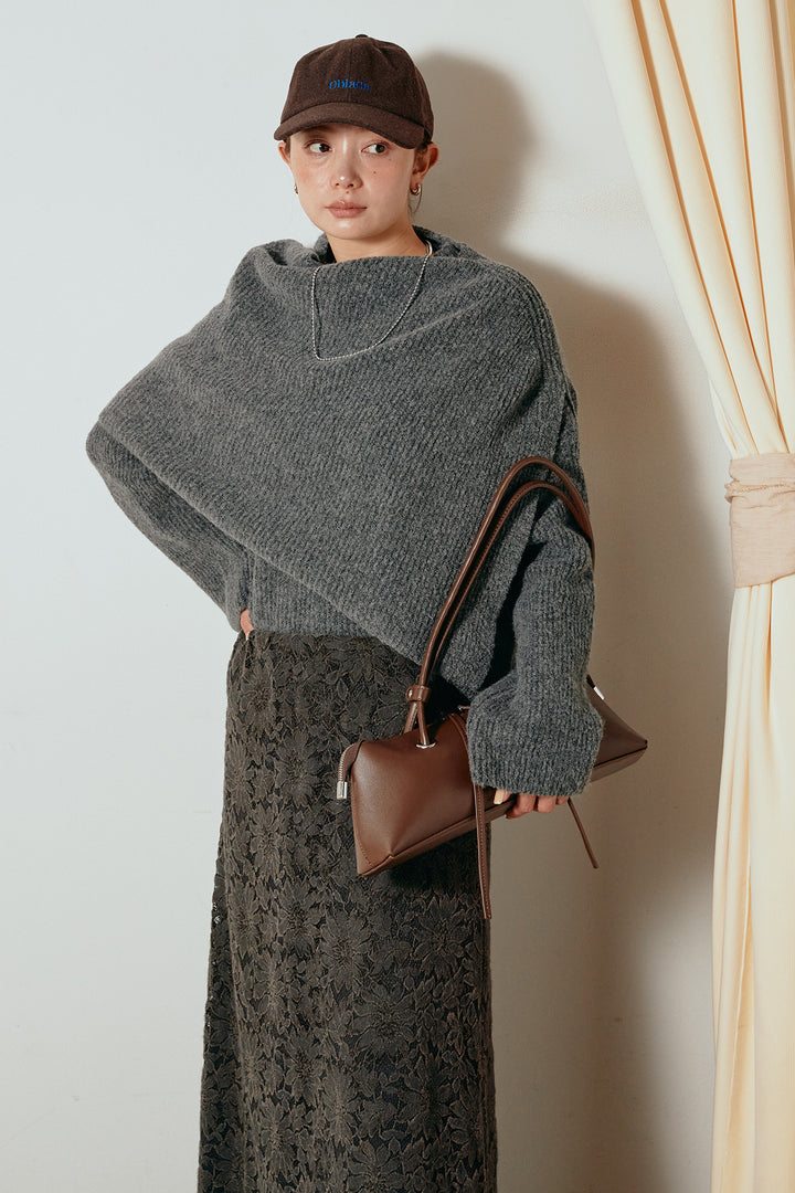 [SET]ケープデザインリブニットトップス+花柄刺繍ベロアフレアスカート(2set)