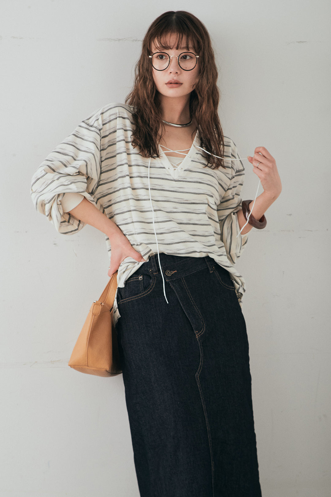 [SET]レースアップワッフルボーダートップス+ウエストクロスデニムタイトスカート(2set)