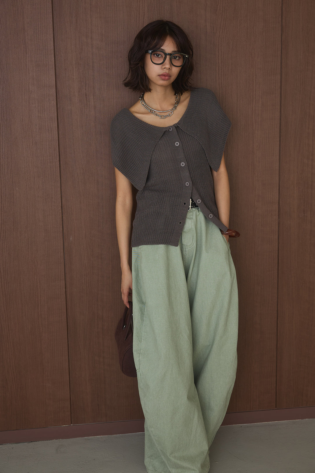 [SET]ビッグカラーボタンニットトップス+ベルト付きカラーデニムパンツ(2set)