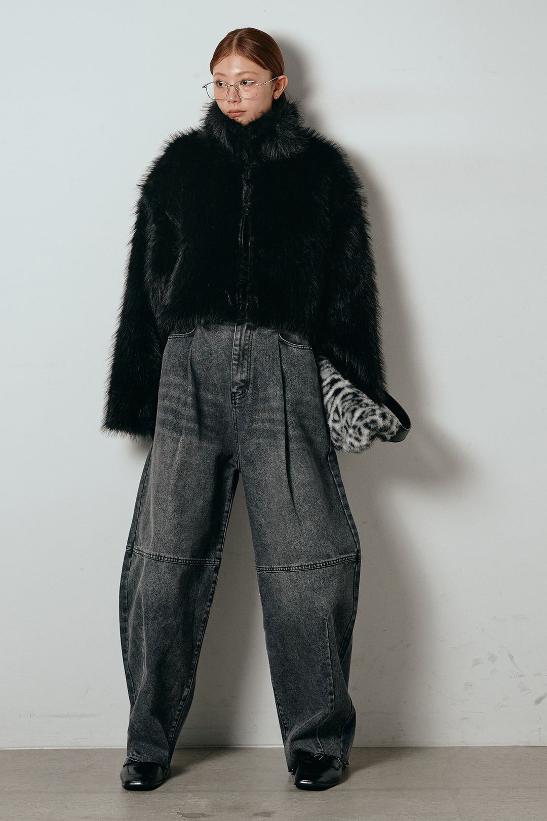 [SET]エコファーショート丈ブルゾン+加工デニムタックコクーンワイドパンツ(2set)