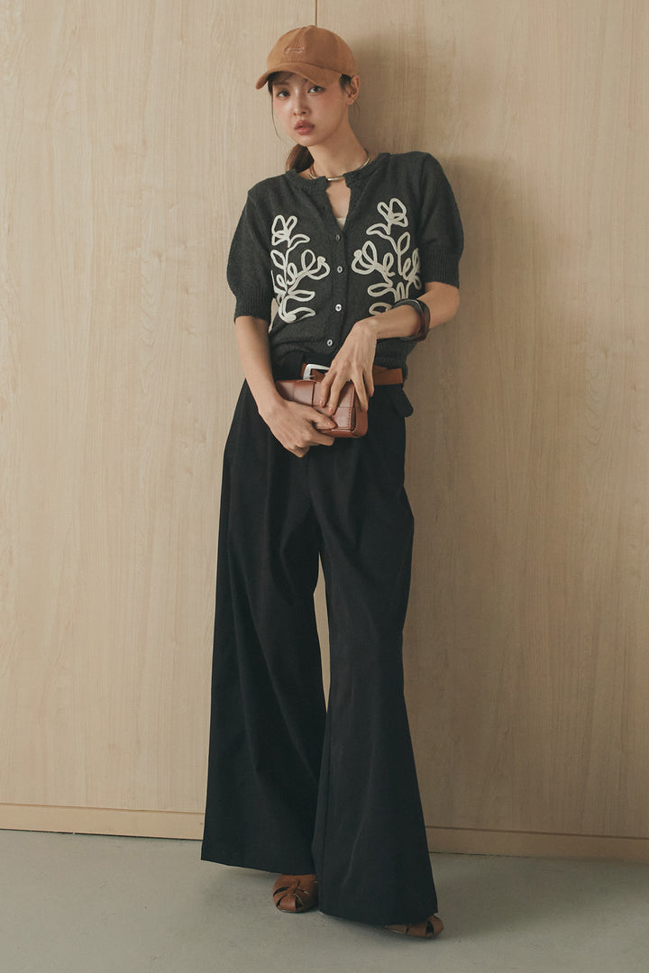 [SET]フロントテープデザイン半袖カーディガン+ベルトループデザインハイウエストタックパンツ(2set)