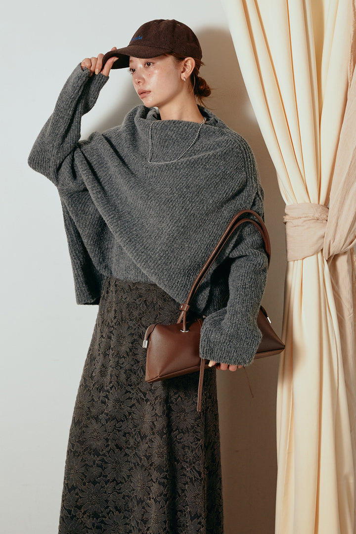 [SET]ケープデザインリブニットトップス+花柄刺繍ベロアフレアスカート(2set)