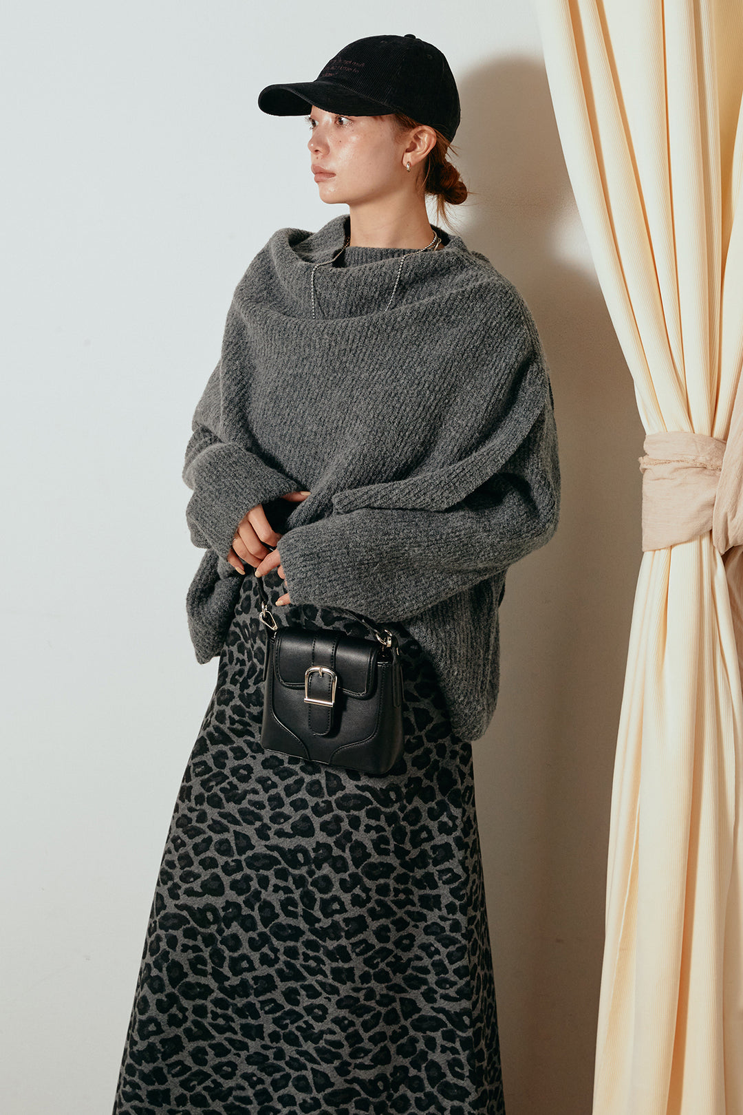 [SET]ケープデザインリブニットトップス+レオパードロングスカート(2set)
